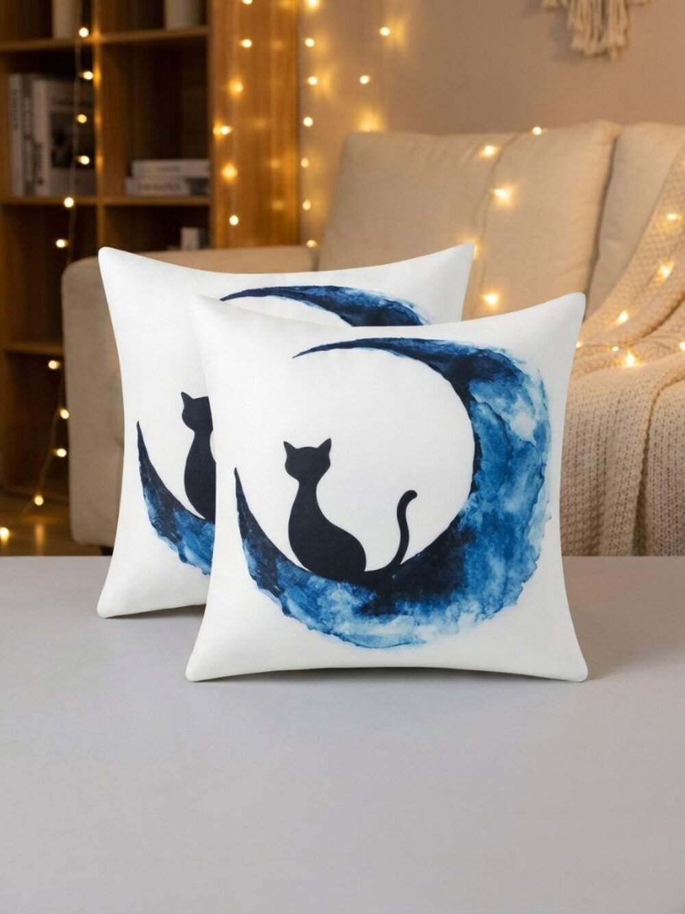Set 2 Black Cat Blue Moon Pillow Covers 18x18 Halloween Fall Spooky Chic